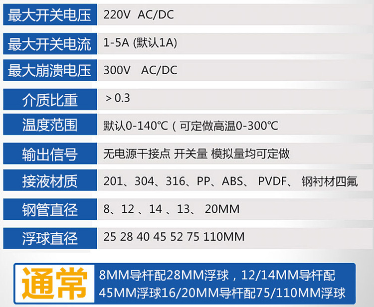 浮球磁翻板液位計技術參數對照表